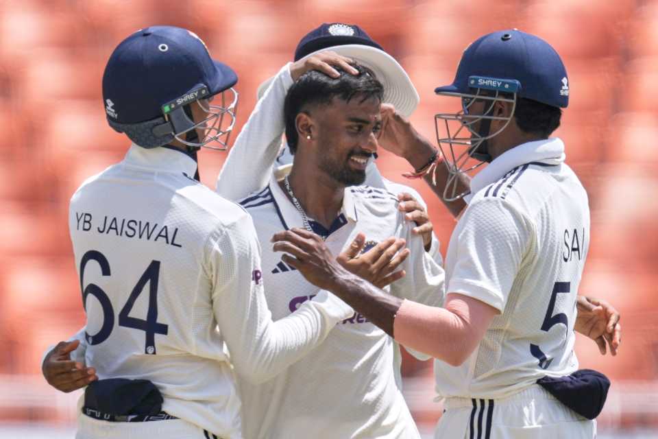 Manav Suthar is mobbed by team-mates for his five-for, India vs Afghanistan, Only Test, 3rd day, New Chandigarh, June 8, 2026