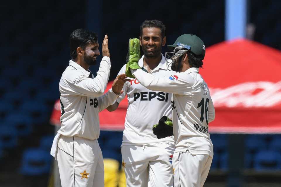 Mohammad Ali, Ali Usman and Mohammad Rizwan celebrate a wicket, West Indies vs Pakistan, 2nd Test, Port of Spain, 4th day, August 5, 2026