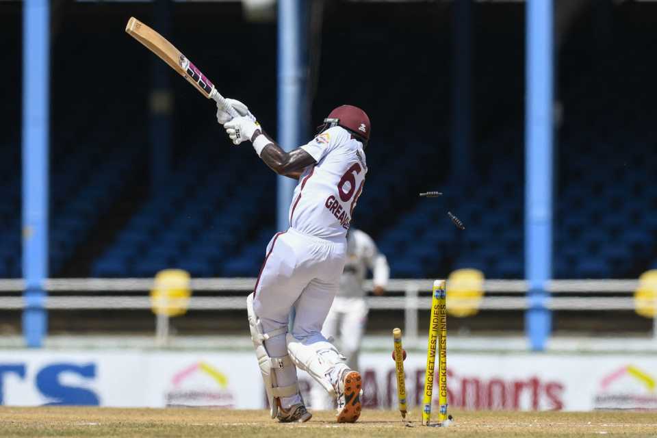 Justin Greaves was cleaned up for 3, West Indies vs Pakistan, 2nd Test, Port of Spain, 4th day, August 5, 2026