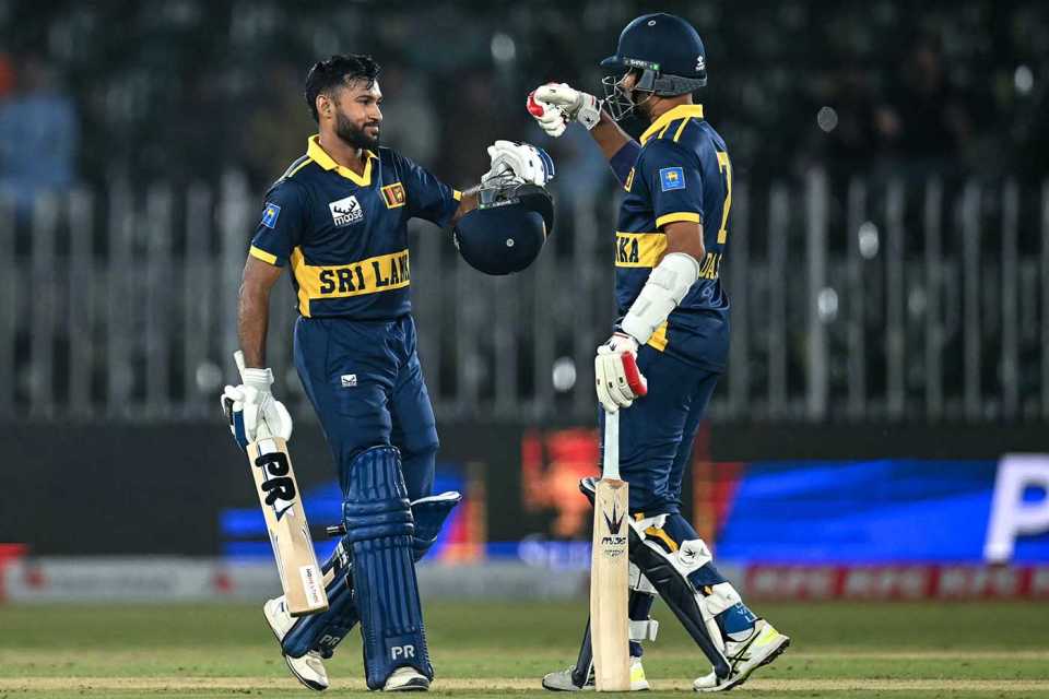 Pavan Rathnayake celebrates his ton with Dasun Shanaka, England vs Sri Lanka, Tri-series, October 22, 2026