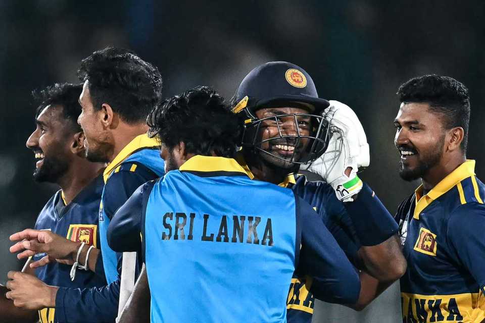 Janith Liyanage celebrates with team-mates after hitting six to win the game off the penultimate ball, England vs Sri Lanka, Tri-series, October 22, 2026