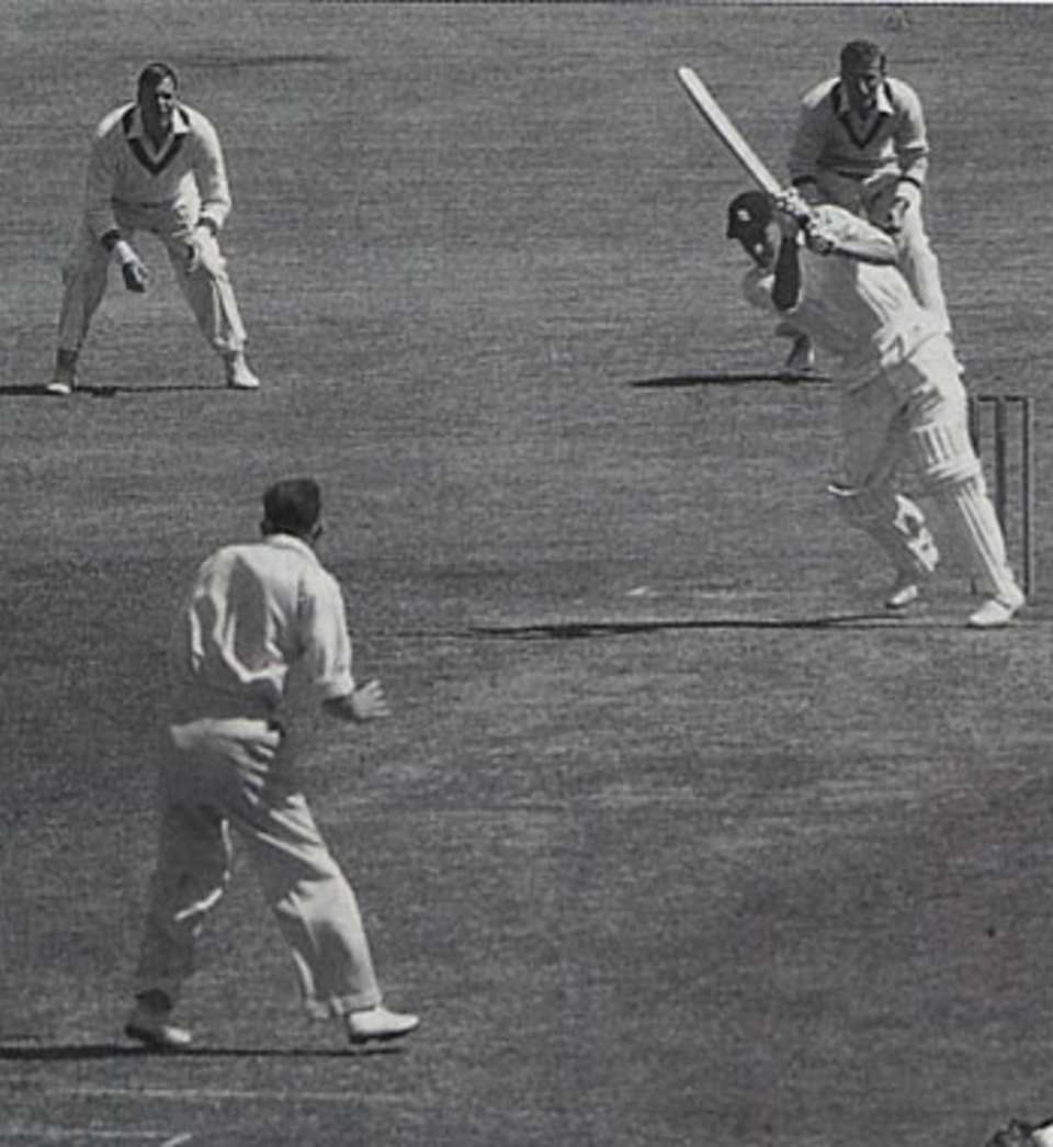 Peter May on his way to a century in the Sydney Test