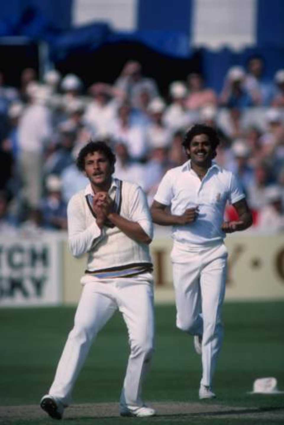 Roger Binny of India takes a catch with Kirti Azad backing up during  India's victory over Australia at Chelmsford, 1983 World Cup