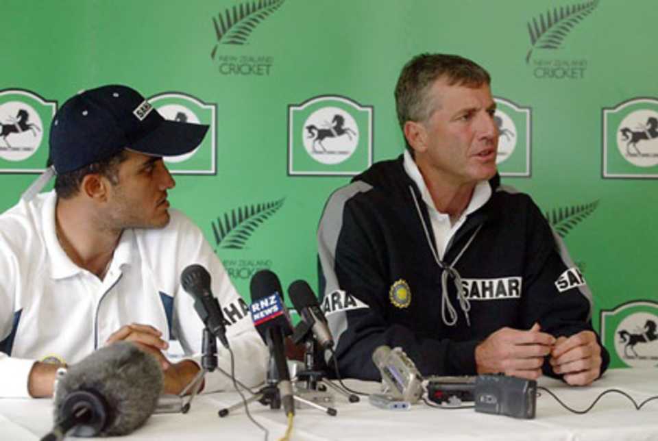 Wright speaks at the post-match press conference as Ganguly looks on. 2nd Test: New Zealand v India at Hamilton, 19-23 Dec 2002