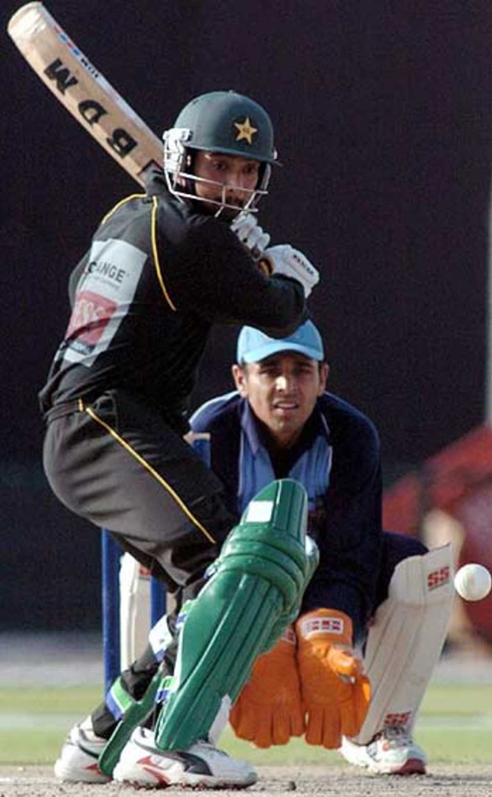 Asim Kamal pushes one to the off side, Pakistan Masters v India Masters, Sheikh Zayed Cup, 2005