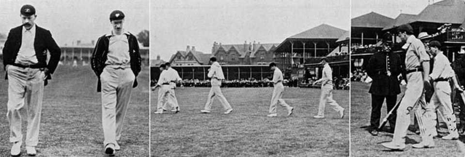 (L-R) Stanley Jackson and Joe Darling return from the toss, won by England; Australia take the field;  Bernie Bosanquet and Johnny Tyldesley resume after lunch on the first day, England v Australia, 1st Test, Trent Bridge, May 29, 1905
