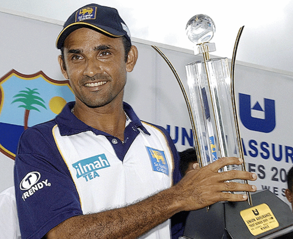 Marvan Atapattu holds the trophy after Sri Lanka's series win 