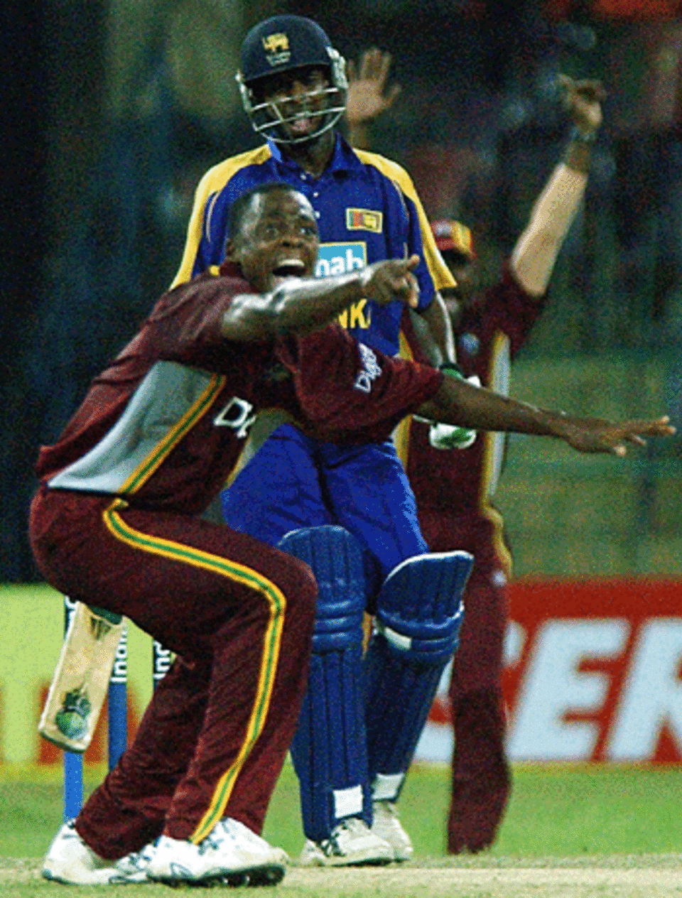 Daren Powell appeals for an lbw, Sri Lanka v West Indies, Indian Oil Cup, Premadasa Stadium, Colomba, August 6, 2005