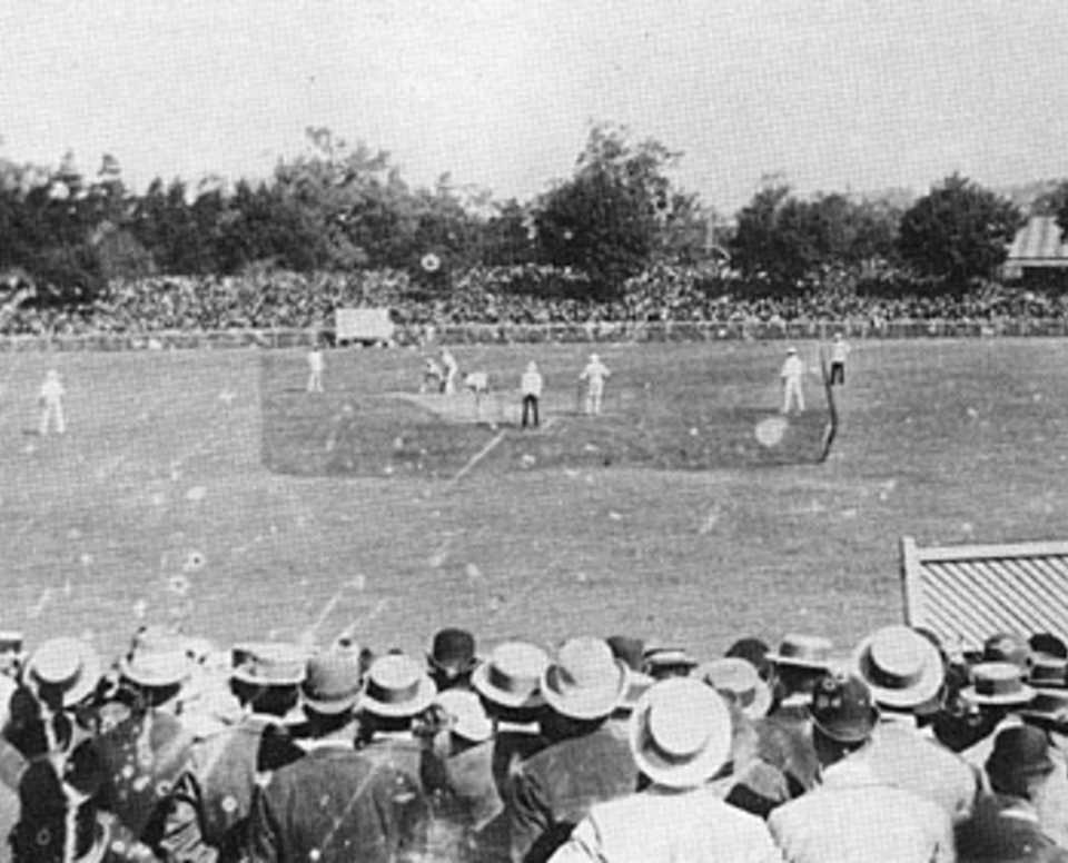 Play underway in the fifth Test between England and Australia at Melbourne, with Harry Trott bowling to Albert Ward, whose partner is his captain, AE Stoddart, March 2, 1895