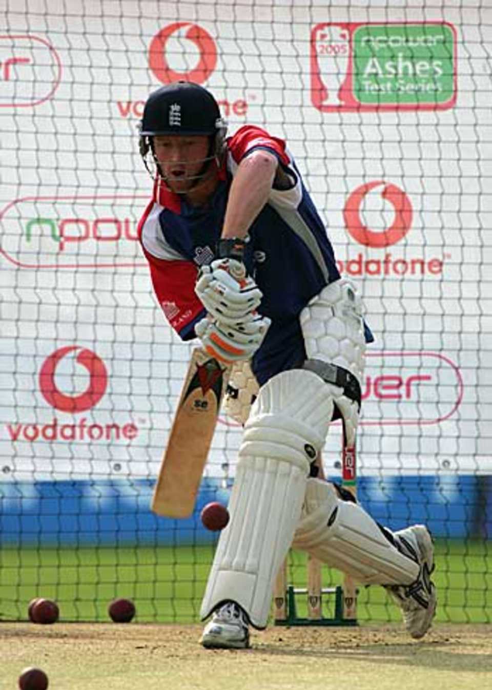 Paul Collingwood works in the nets during practice and he may start his first home Test at The Oval, September 7, 2005