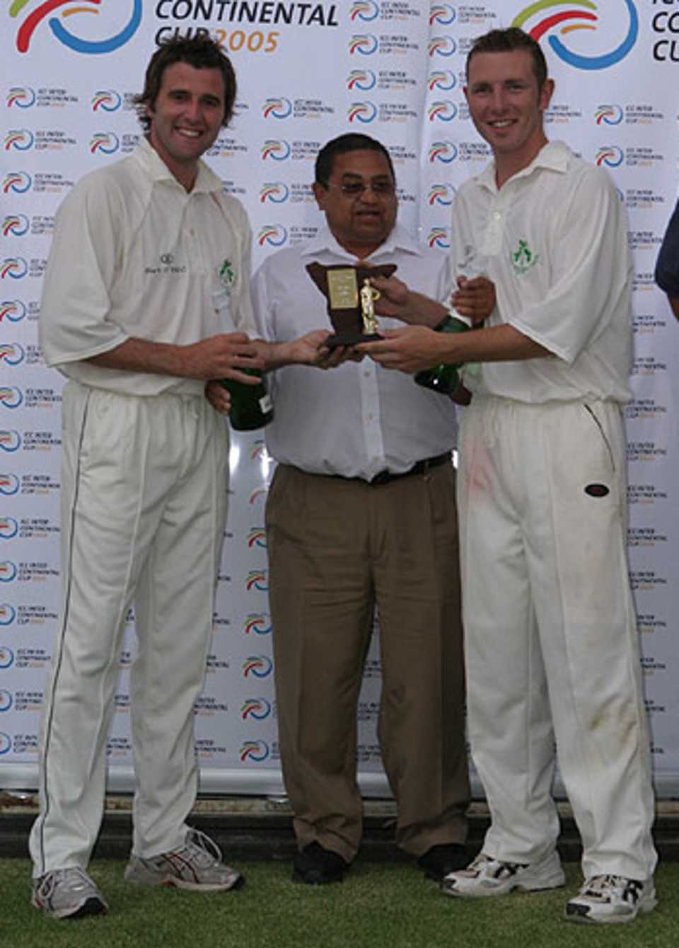ICC Vice President Percy Sonn with the Men of the Match Andrew White and Kyle McCallan