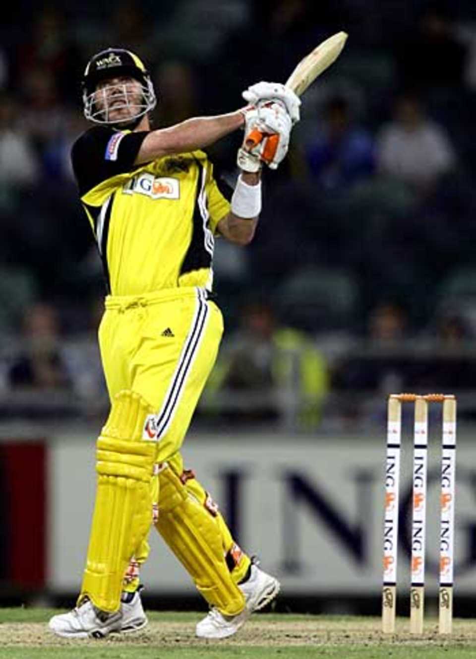 Damien Martyn pulls during his 76