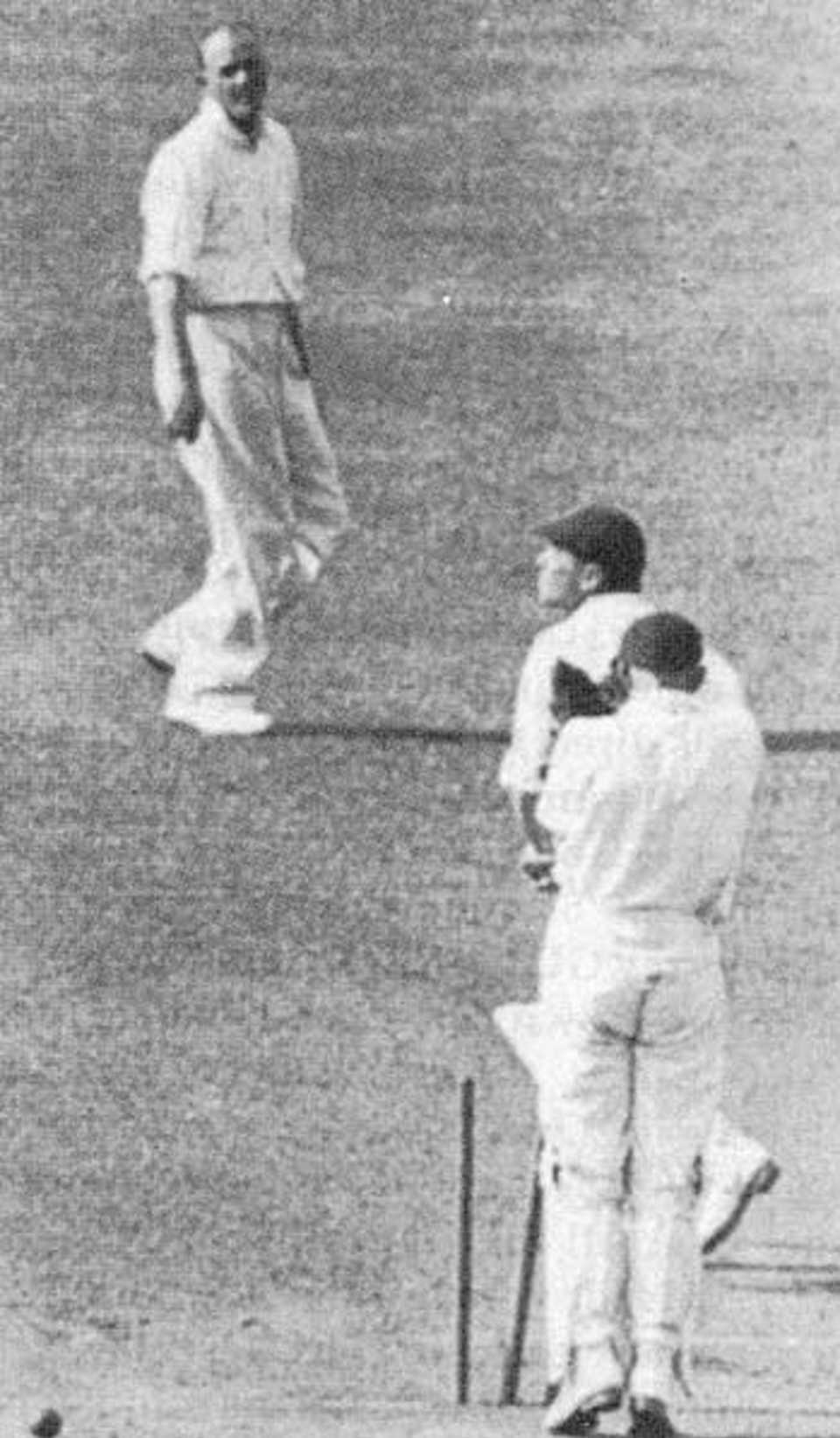 A high-class dismissal: Bill O'Reilly bowls Wally Hammond for 26, England v Australia, 1st Test, Trent Bridge, 1938