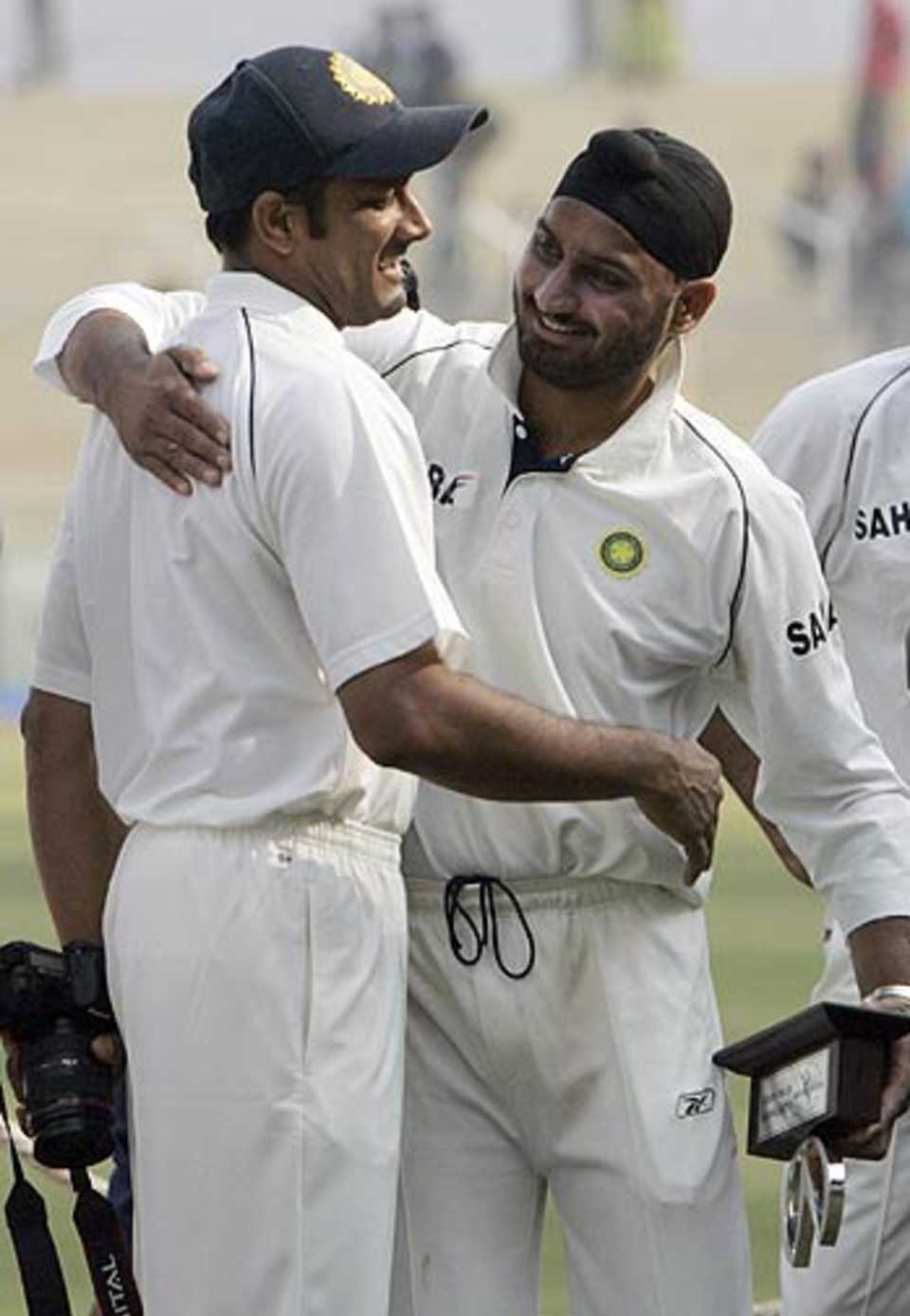 Harbhajan Singh and Anil Kumble are elated after India's comprehensive win at Ahmedabad, India v Sri Lanka, 3rd Test, Ahmedabad, Fifth day, December 22, 2005