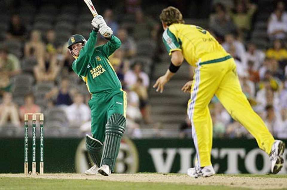 Shaun Pollock hits a huge six over long-off during his cameo knock of 46, Australia v South Africa, VB Series, Telstra Dome, Melbourne, January 20, 2006
