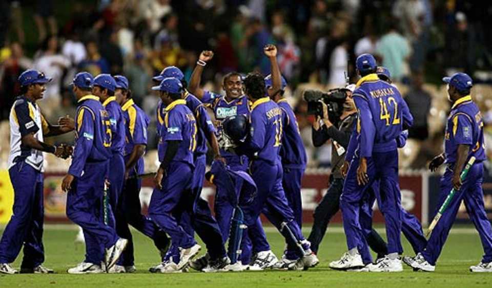 The Sri Lankans celebrate a fabulous victory in the first final