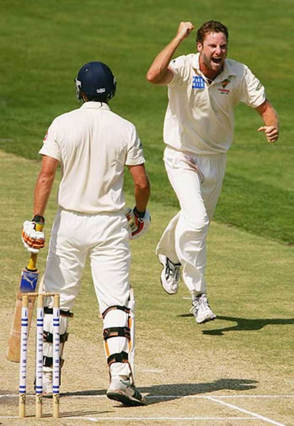 Adam Griffith celebrates Nick Jewell's wicket
