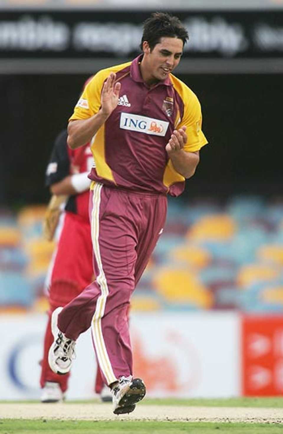 Mitchell Johnson celebrates the wicket of Daniel Harris, Queensland v South Australia, ING Cup, Woolloongabba, Brisbane, February 17 2006