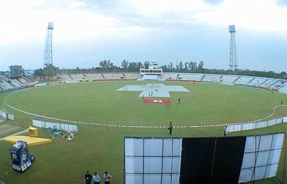 The covers remain at the Shaheed Chandu Stadium in Bogra