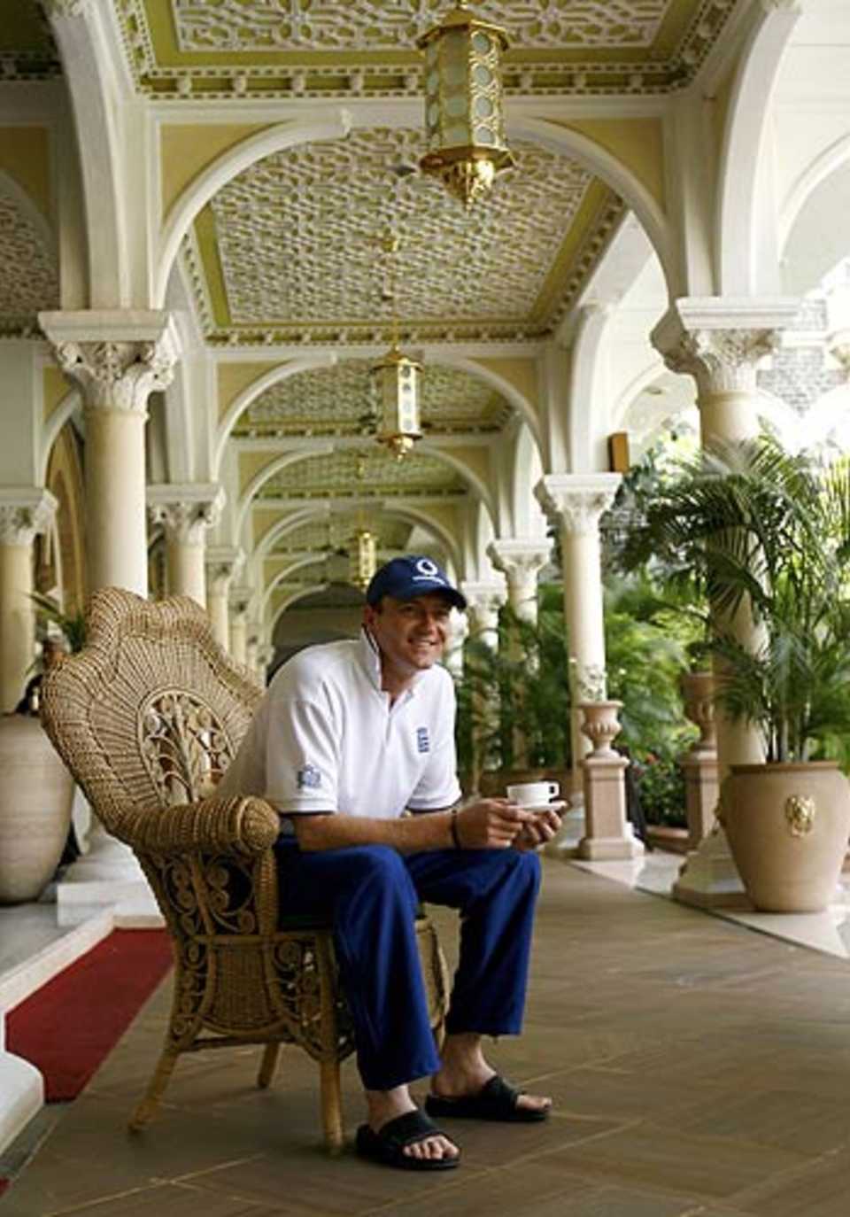 Shaun Udal relaxes with a cup of coffee at the team hotel, Mumbai, March 23 2006