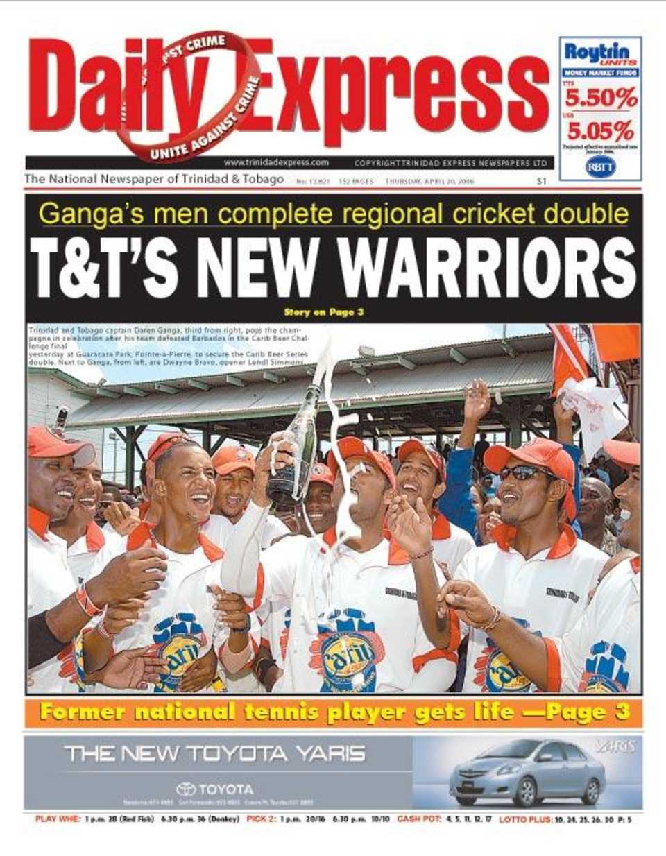 The front page of the <I>Trinidad & Tobago Express</I> celebrates victory