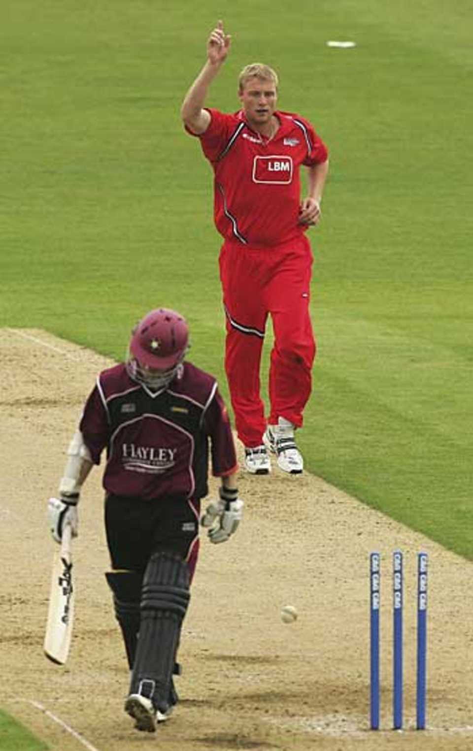 Andrew Flintoff bowls Chris Rogers for 13, Northamptonshire v Lancashire, C&G Trophy, Northampton, May 7, 2006