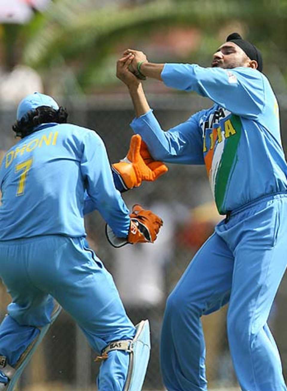 "Its mine, boss!" - Harbhajan Singh avoids a collision and safely pouches one, Jamaica v Indians, Montego Bay, May 16, 2006