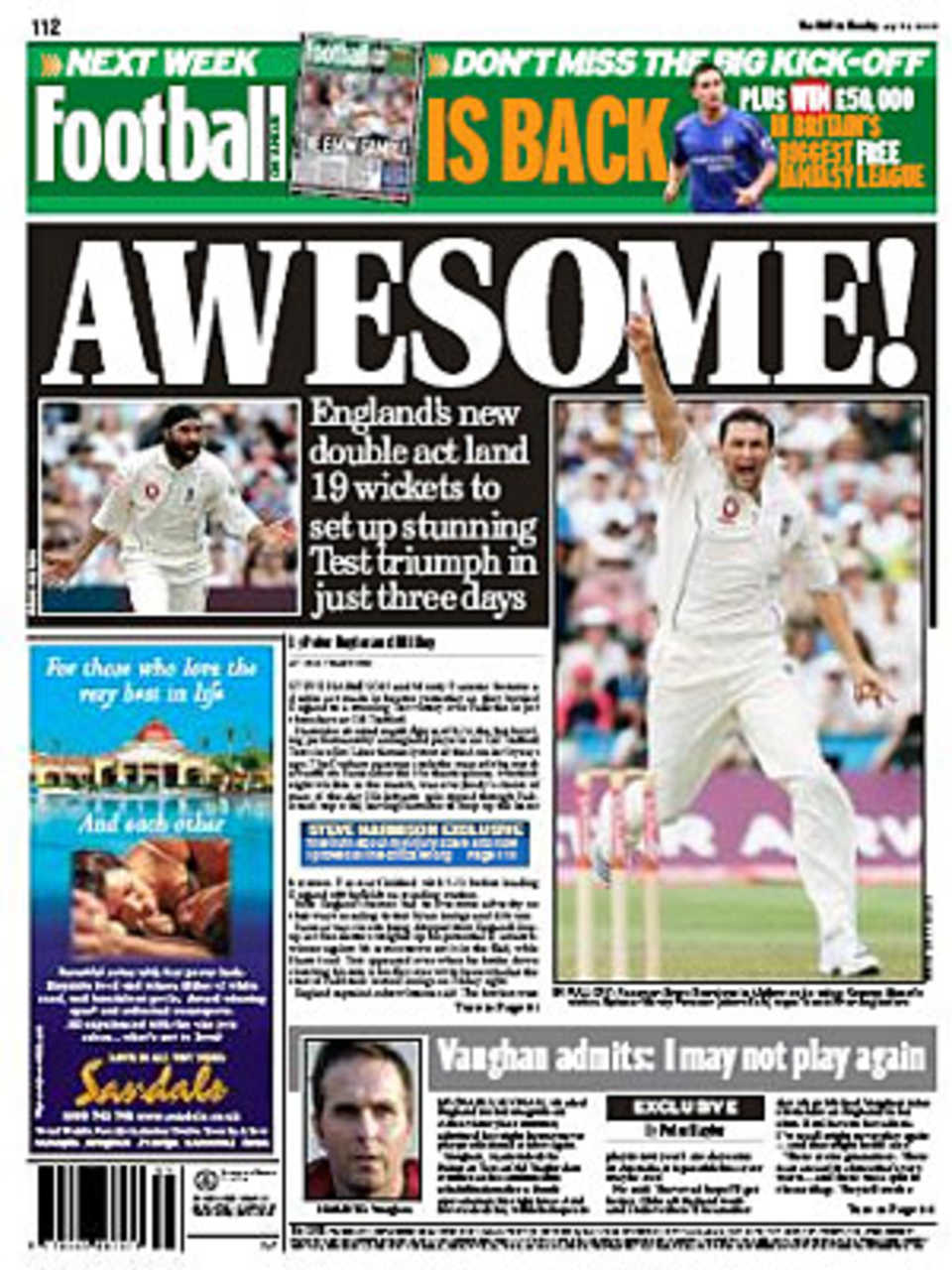 The back page of <I>The Mail On Sunday</I> following England's win