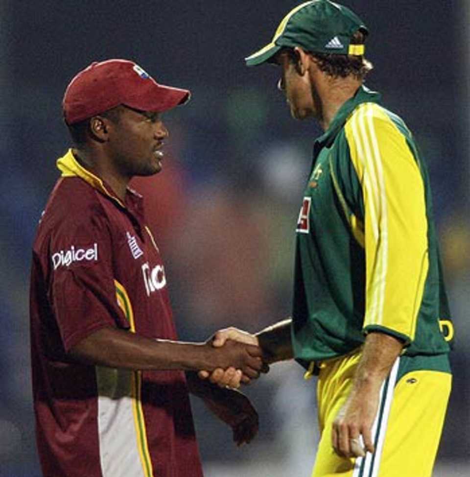 Post-match formalities for Brian Lara and Matthew Hayden, Australia v West Indies, DLF Cup, 4th match, September 18, 2006