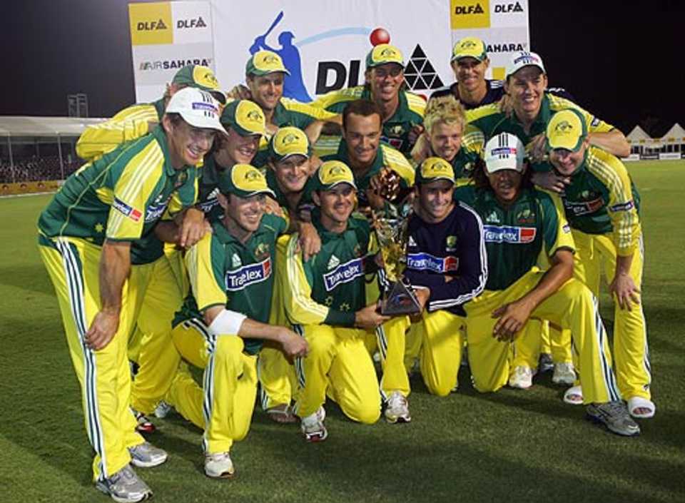 The victorious Australians pose with the DLF Cup