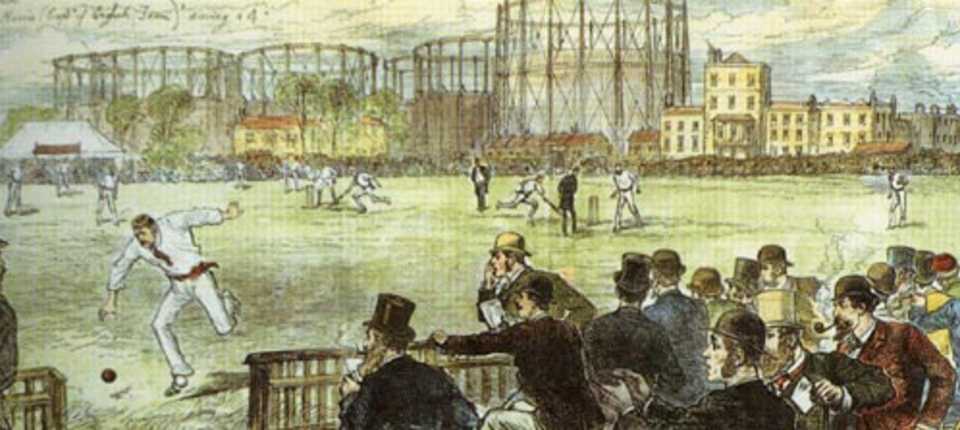 Lord Harris chases a ball to the boundary, England v Australia, The Oval, September 1880