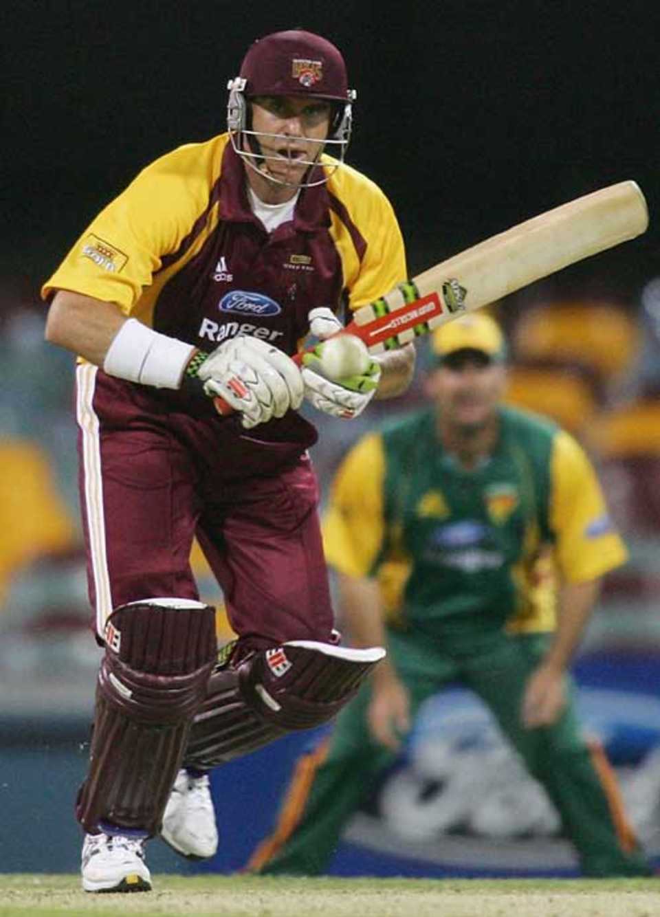 Matthew Hayden works the ball down the ground in his 91, Queensland v Tasmania, Ford Ranger Cup, Brisbane, October 11, 2006