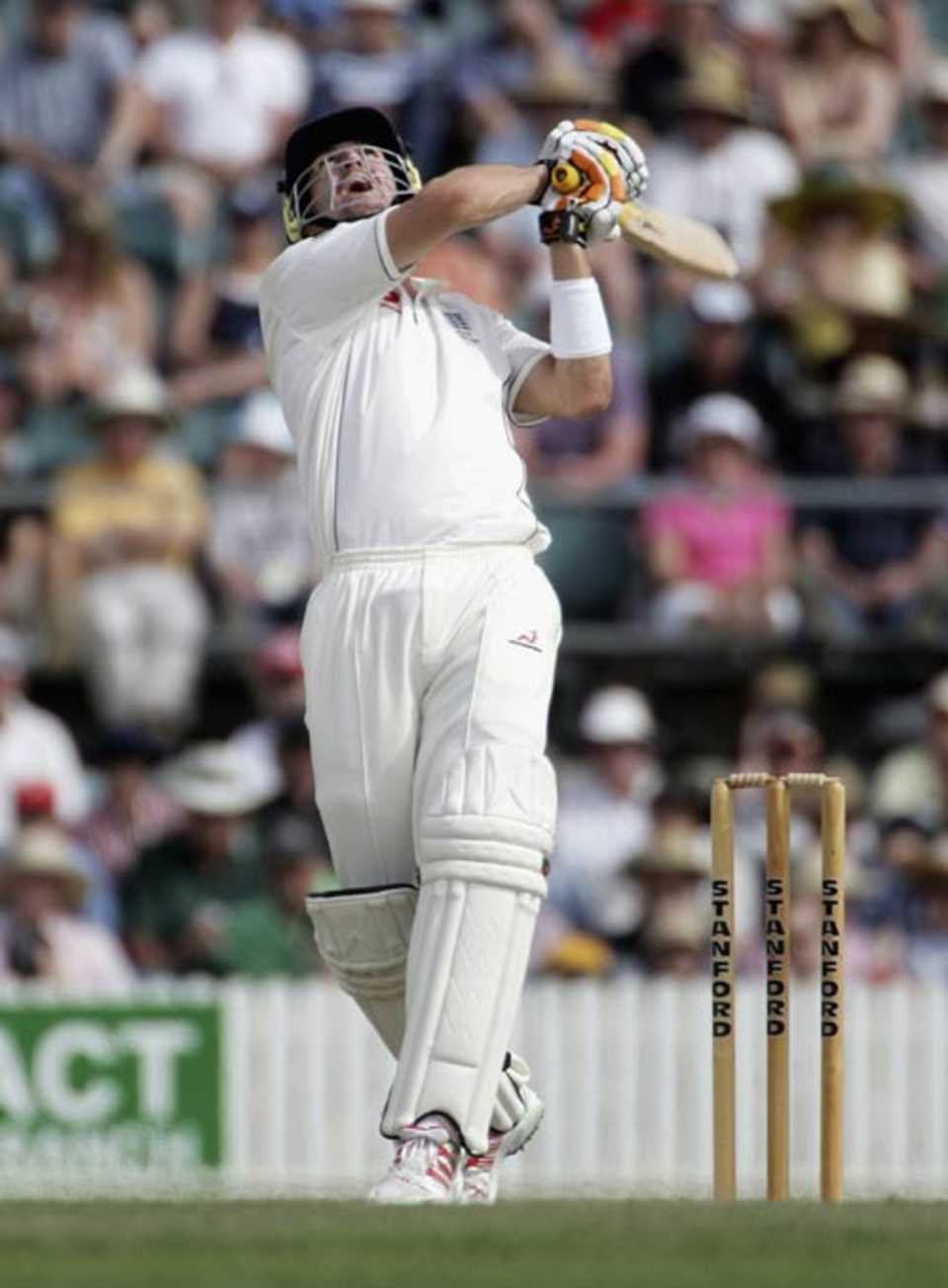Kevin Pietersen top-edges a pull-shot and is dismissed during the first Ashes tour match between the Australian Prime Minister's XI and England at Manuka Oval in Canberra, November 10, 2006