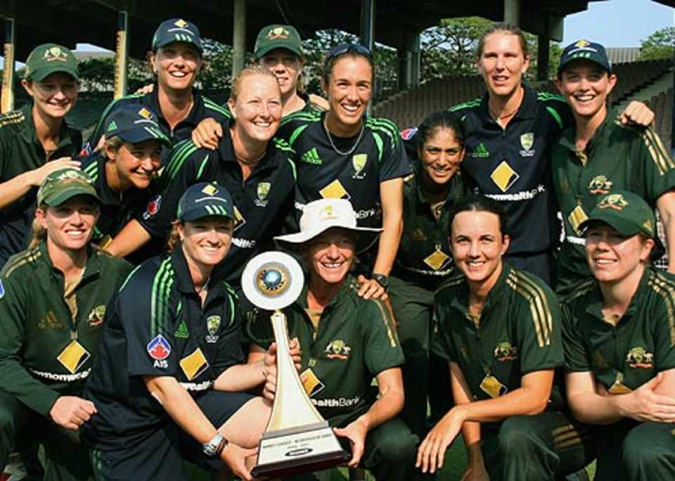 The victorious Australian women's team celebrate after winning the Quadrangular tournament in Chennai 