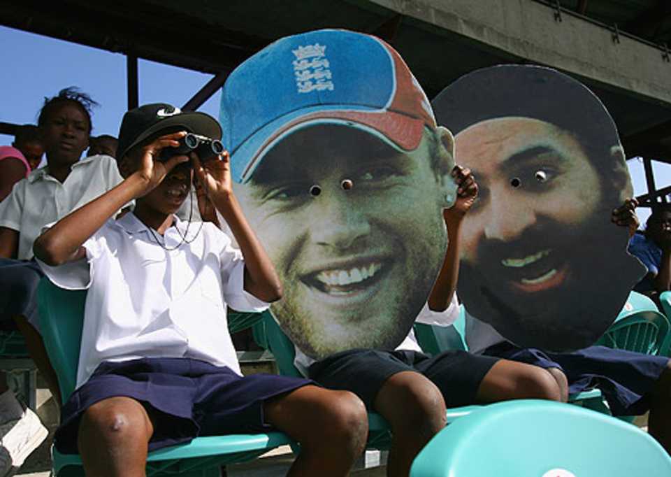 Fans at Arnos Vale wore Monty Panesar and Andrew Flintoff masks as England won their opening warm-up match by 241 runs against Bermuda, March 5, 2007
