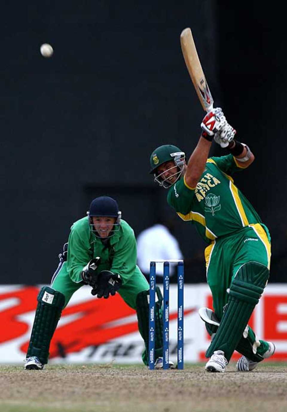 Jacques Kallis steps and goes over mid off during his unbeaten 66, Ireland v South Africa, Guyana, April 3, 2007