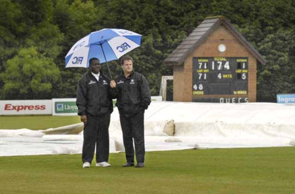 Umpires Norman Malcolm (Jamaica) and Paul Baldwin (Germany) rule out play between Scotland and United Arab Emirates following persistent overnight rain, ICC Intercontinental Cup, Scotland v United Arab Emirates, Ayr