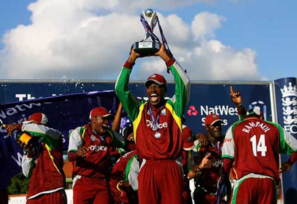 Chris Gayle leads the celebrations after West Indies beat England at Trent Bridge