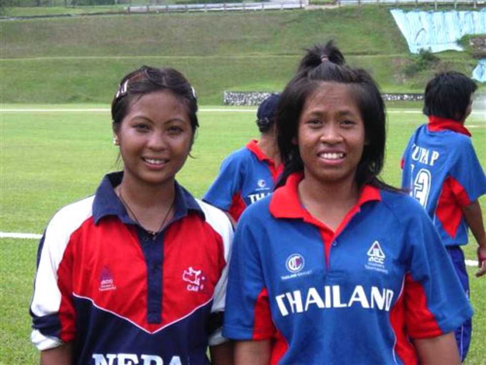 Captains Maya Thapa of Nepal and Sornnarin Tippoch of Thailand after the completion of their match