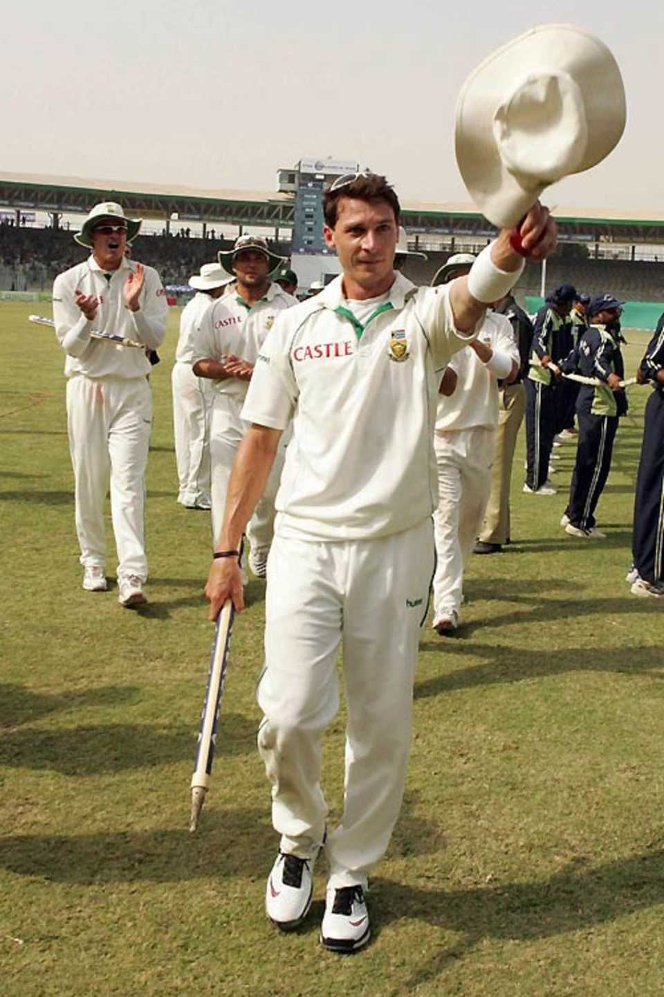 Dale Steyn leads the team off the field after his match-winning five-wicket haul 