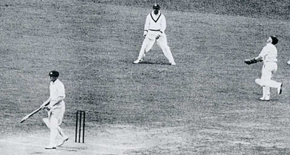 Bill Woodfull is caught by George Duckworth off Harold Larwood for 0