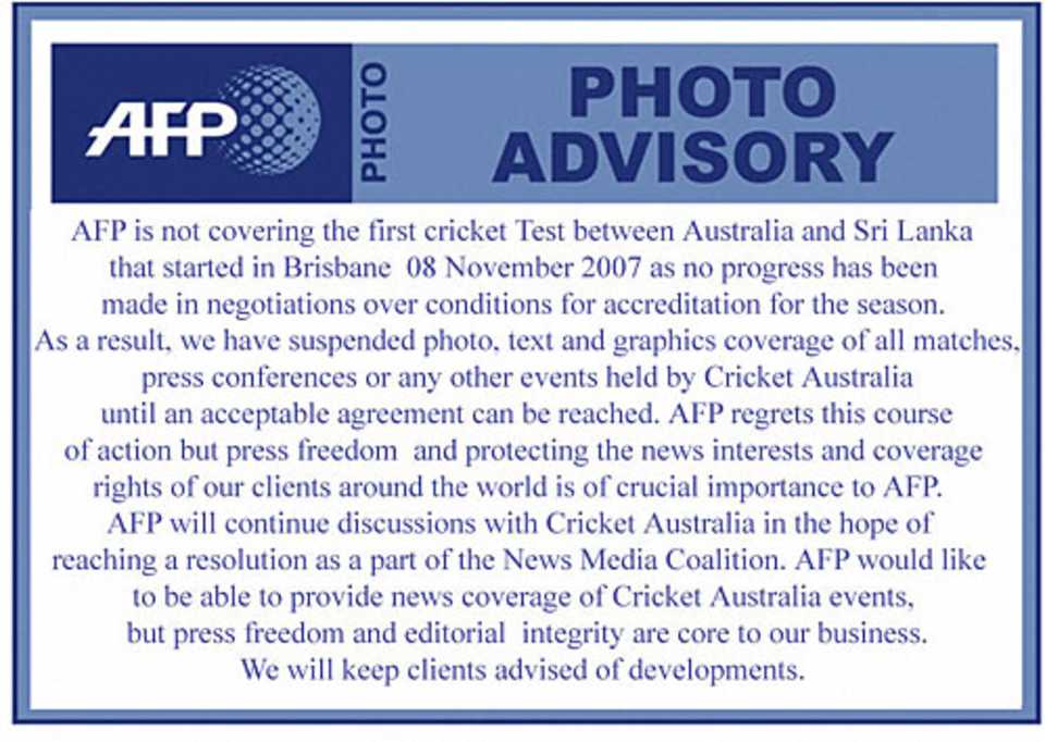 AFP published a note informing its clients of its suspension of coverage for the first Test between Australia and Sri Lanka