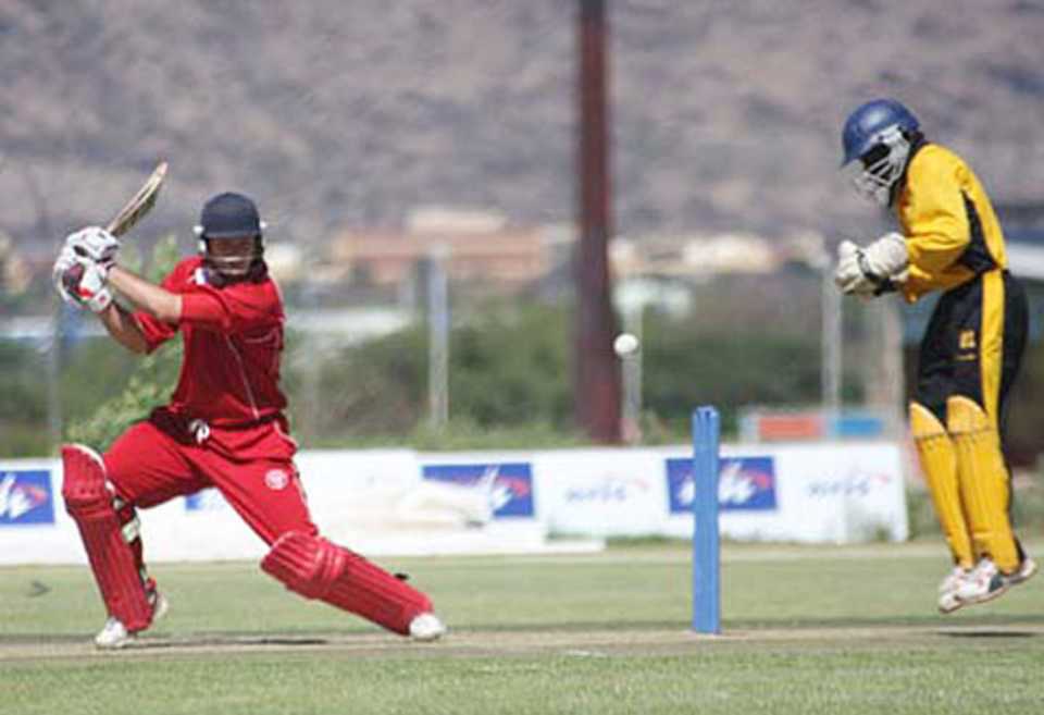Danish batsman Johan Malcolm-Hansen hits out, Denmark v Uganda, World Cricket League Division Two, Windhoek, November 27, 2007