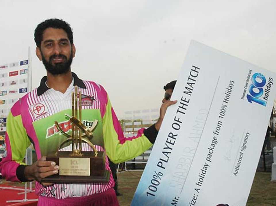 Shabbir Ahmed of the Chennai Superstars poses with the Man-of-the-Match award