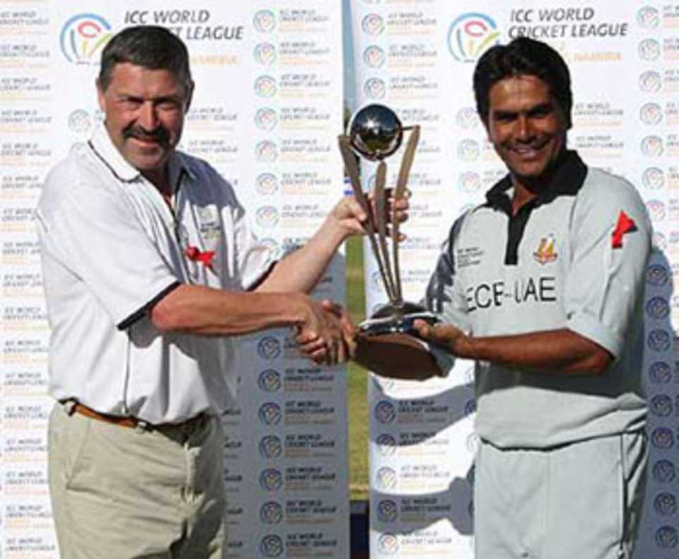 Saqib Ali with the trophy after UAE's win in the final