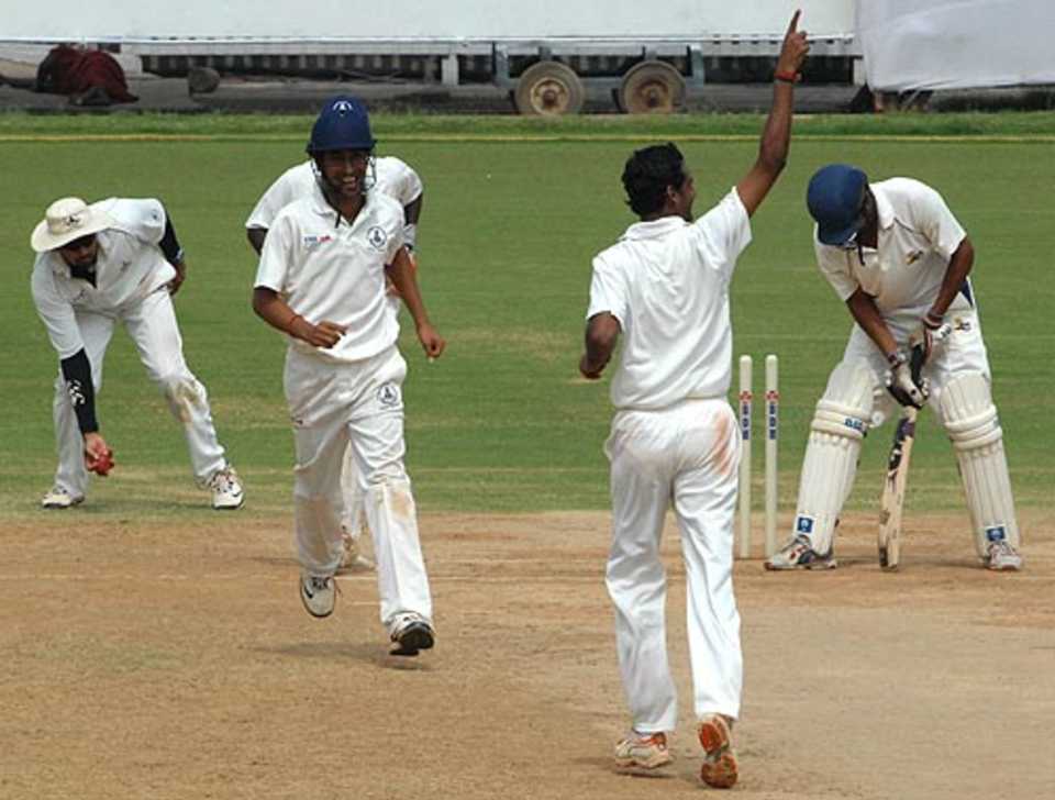 Tamil Nadu's R Ramkumar celebrates one of his three wickets