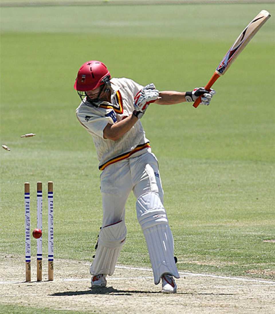 Callum Ferguson looks on as Brett Dorey bowls him for 15, Western Australia v South Australia, Pura Cup, Perth, December 14, 2007