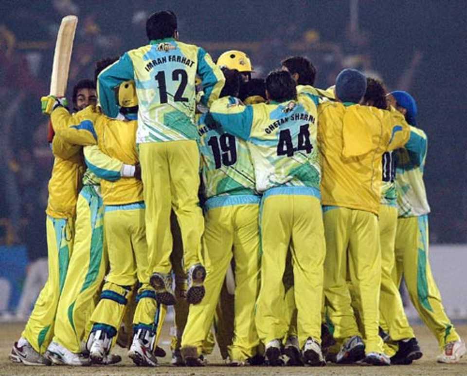 The Chandigarh Lions celebrate their thrilling win, Chandigarh Lions v Delhi Jets, 2nd semi-final, Indian Cricket League, Panchkula, December 15, 2007