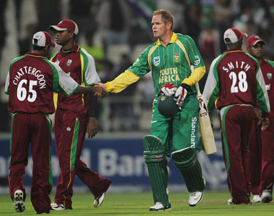 Job done: Shaun Pollock shakes hands with West Indies after his 36, in his final Twenty20, took South Africa to a four-wicket win, South Africa v West Indies, 2nd Twenty20, Wanderers, January 18, 2008