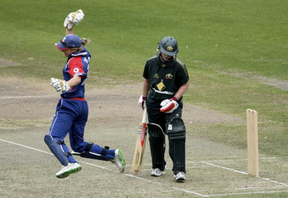 Sarah Taylor is ecstatic after taking a catch offered by Karen Rolton 